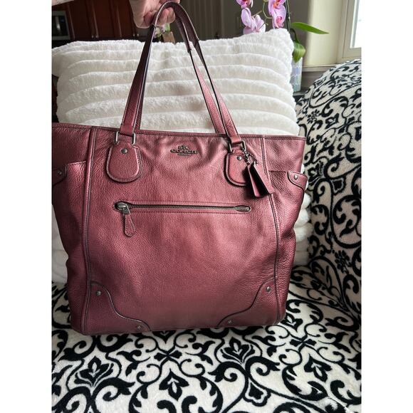 Coach Mickie Tote in Burgundy Metallic Leather - Picture 1 of 12